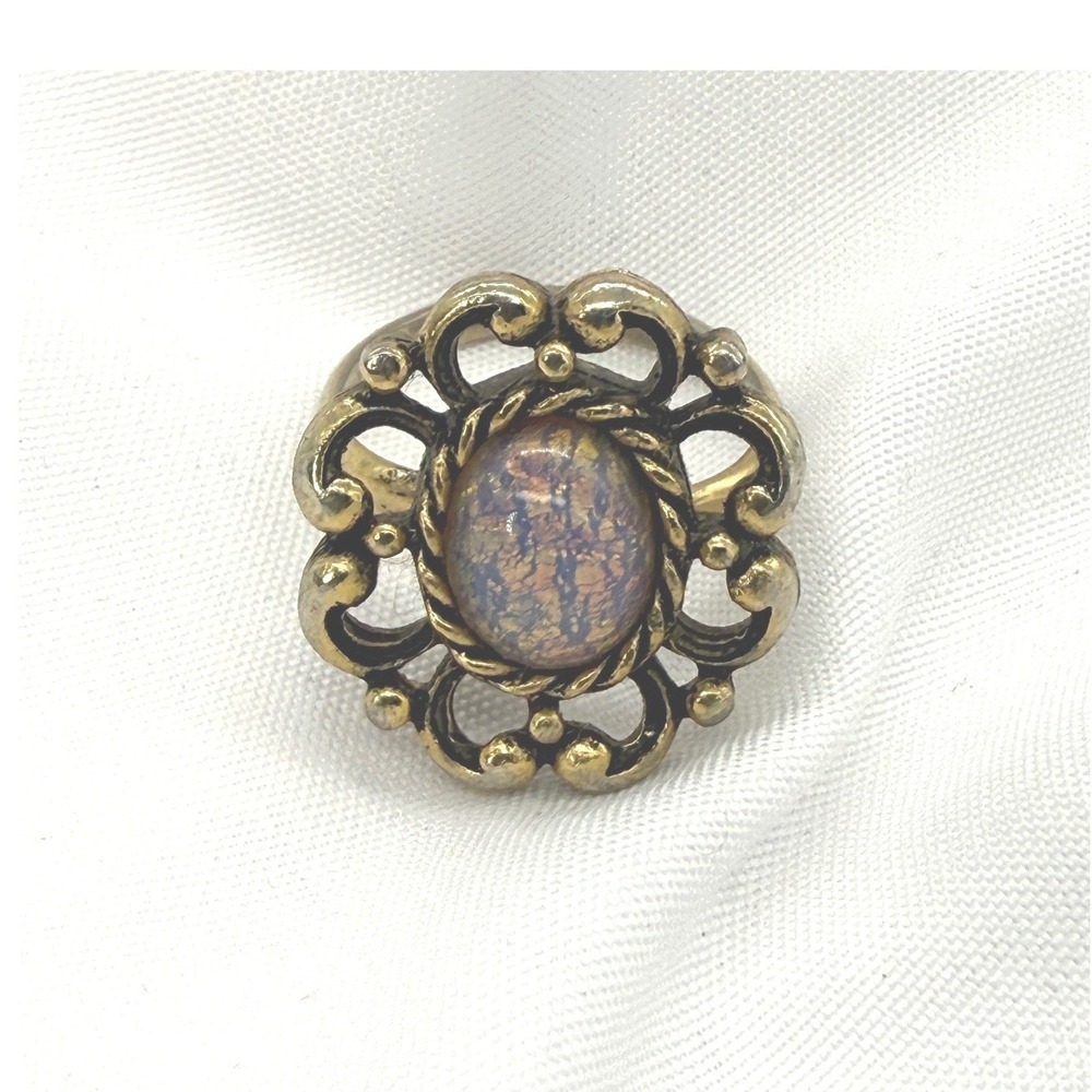 Vintage Faux Opal Opalite Filigree Cocktail Ring Ornate Scalloped Statement